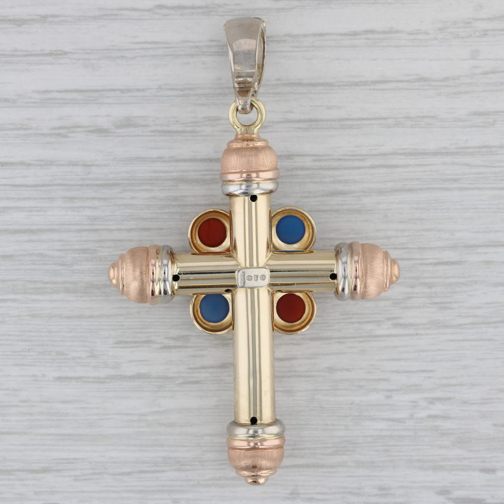 Gray Large Gemstone Cross Pendant 14k Yelow Rose White Gold Multicolor Chalcedony