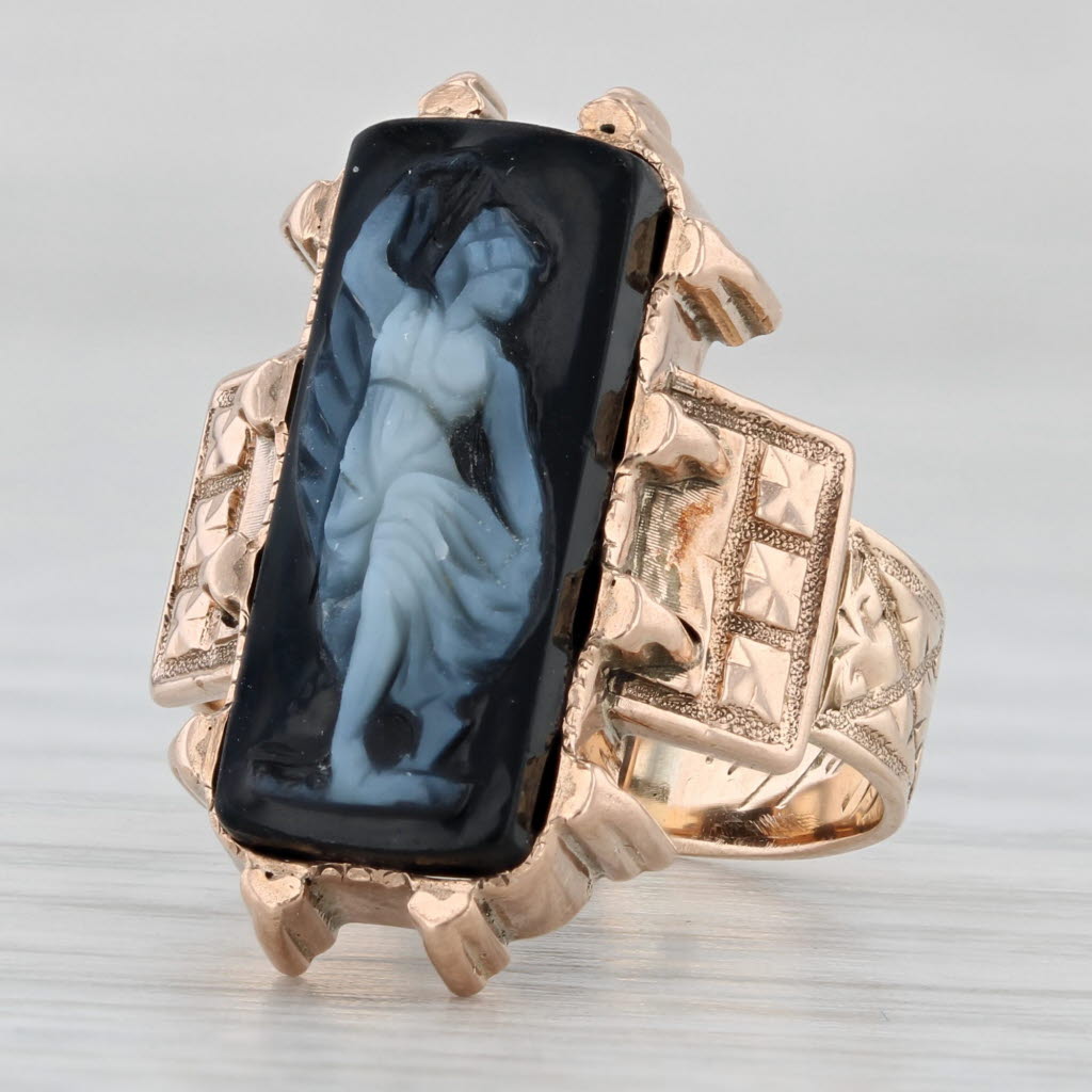 Light Gray Victorian Carved Figural Black White Chalcedony Cameo Ring 10k Gold Size 4.5