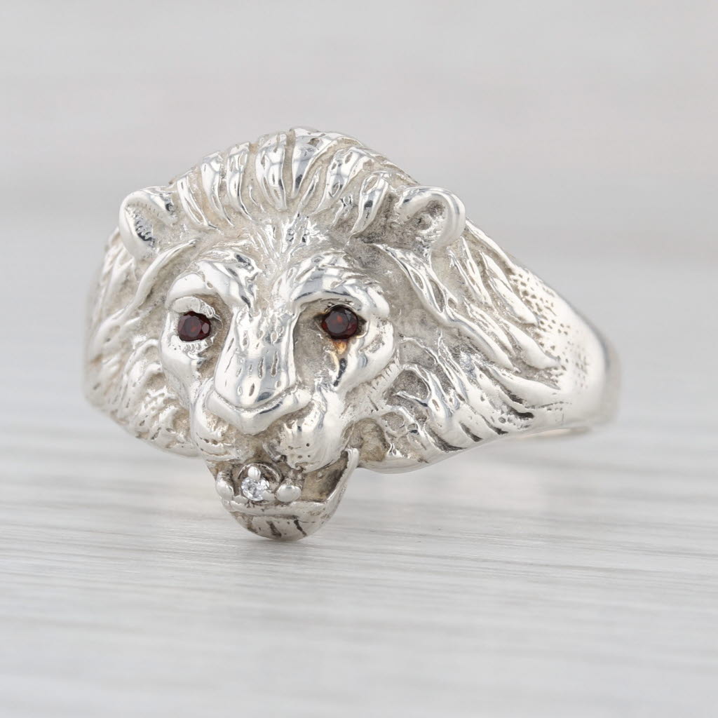 Lions Head Ring Garnet Diamond Sterling Silver Size 13.25