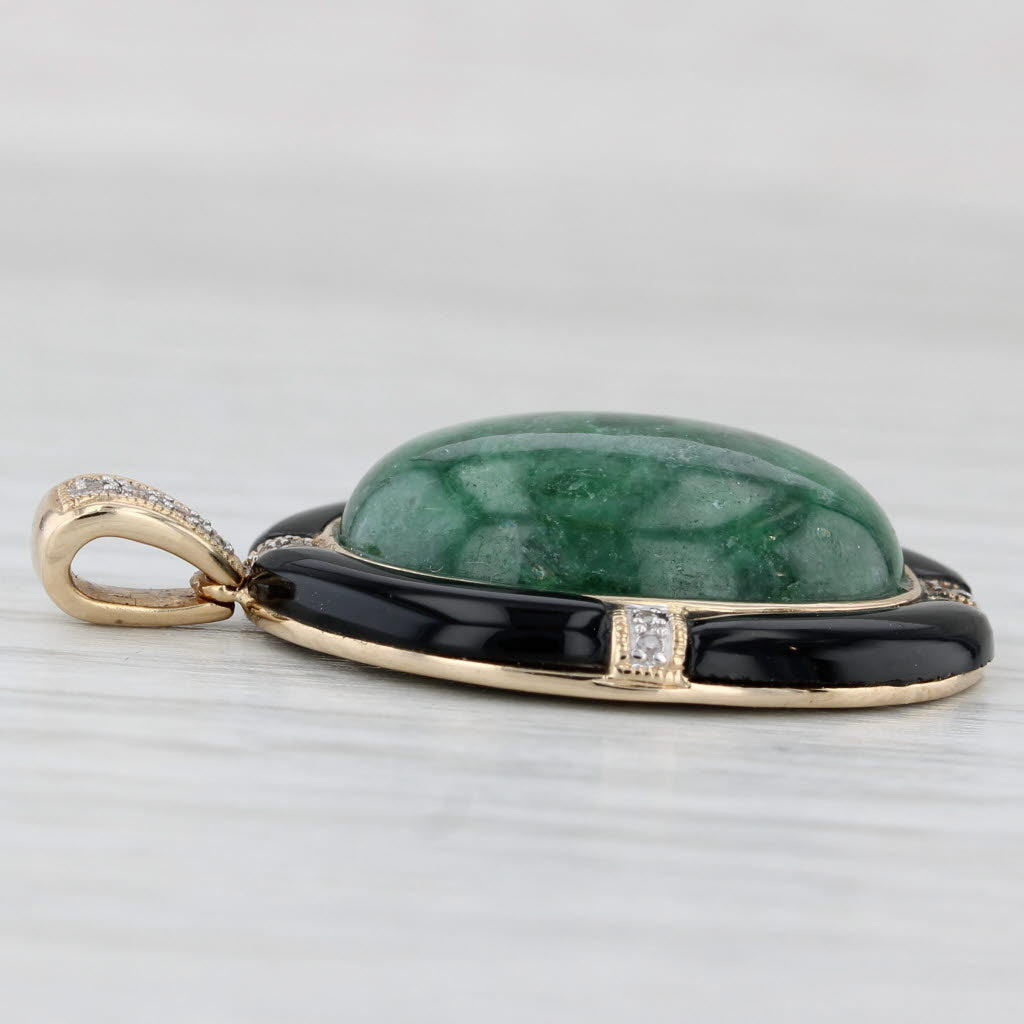 Light Gray Oval Cabochon Green Jadeite Jade Onyx Diamond Pendant 14k Yellow Gold