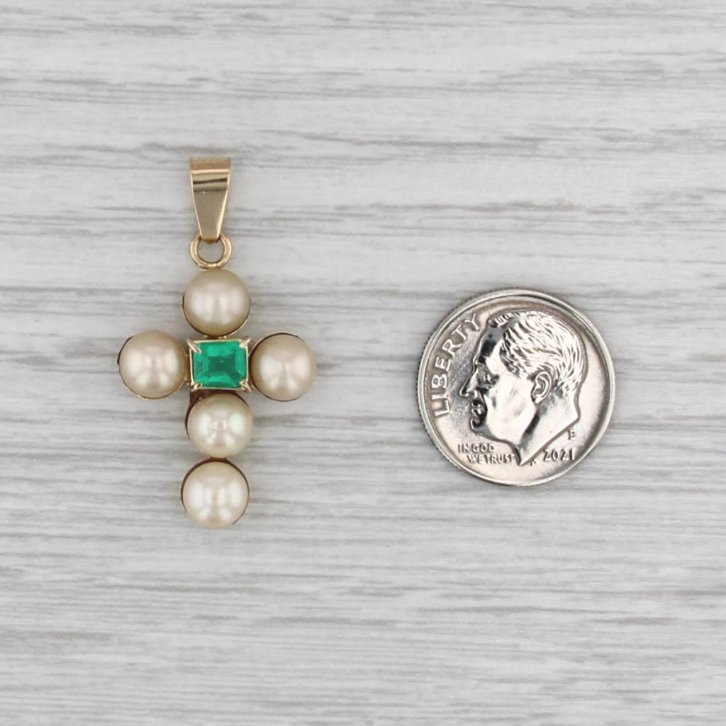 Antique Emerald Cultured Pearl Cross Pendant 18k Yellow Gold