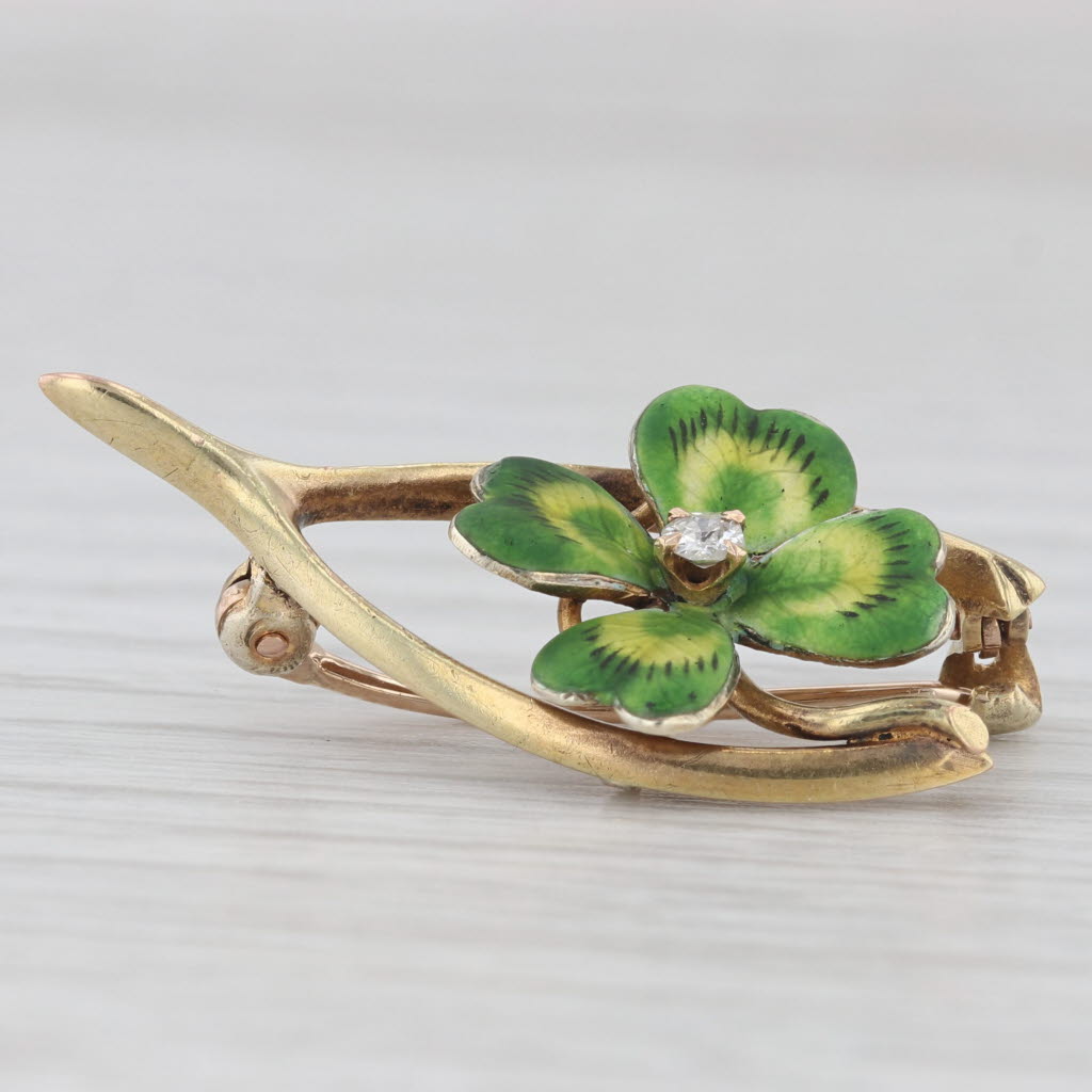 Light Gray Vintage Lucky Brooch Green Shamrock Diamond Wishbone Pin 14k Yellow Gold