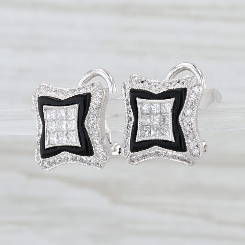 0.63ctw Diamond Onyx Halo Stud Earrings 18k White Gold Pierced Omega Backs