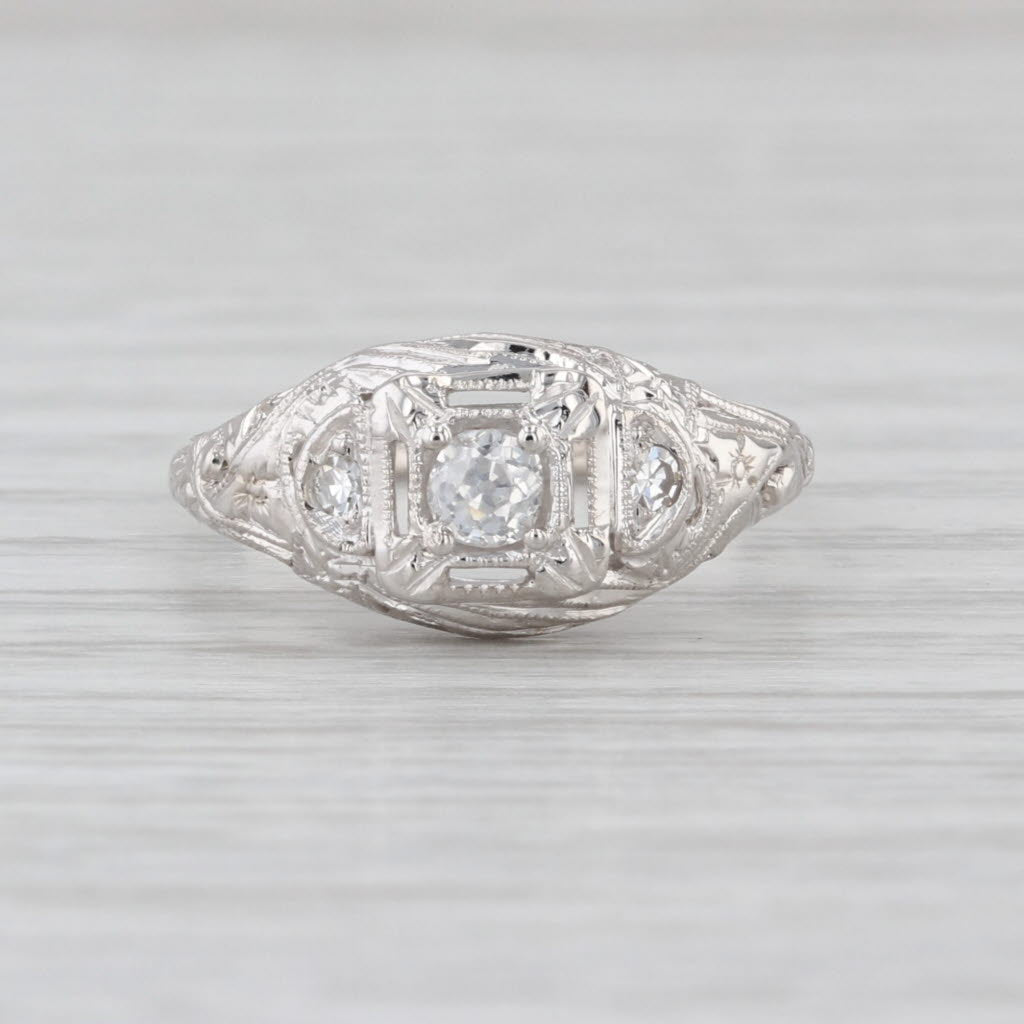 Art Deco 0.23ctw Diamond Engagement Ring 18k White Gold Filigree Size 6.5