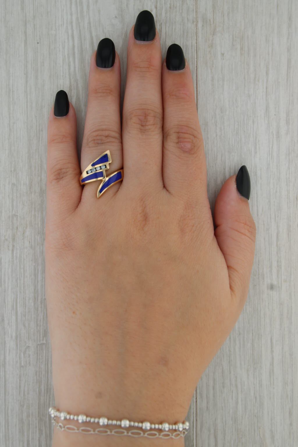 Lapis Lazuli 0.12ctw Diamond Bypass Ring 14k Yellow Gold Size 6