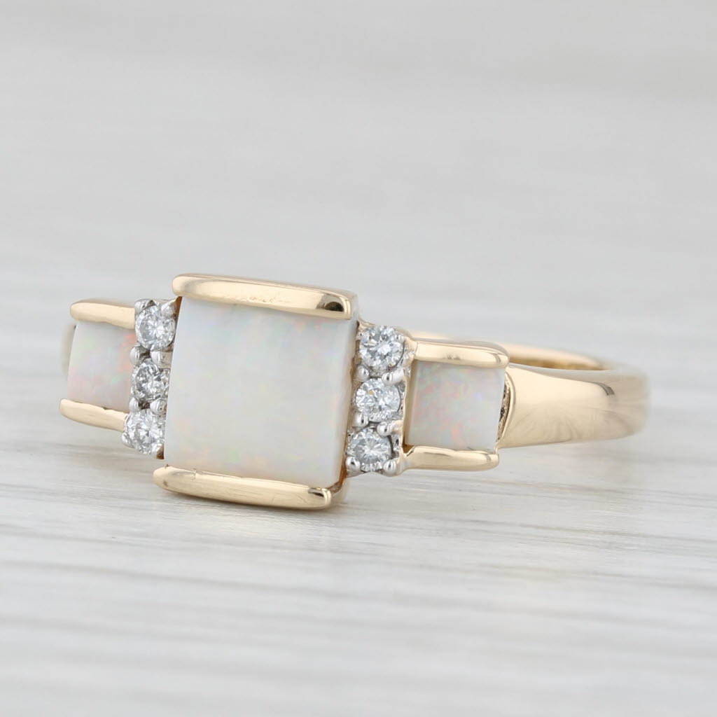 Light Gray Lab Created Opal Diamond 3-Stone Ring 14k Yellow Gold Size 7.25