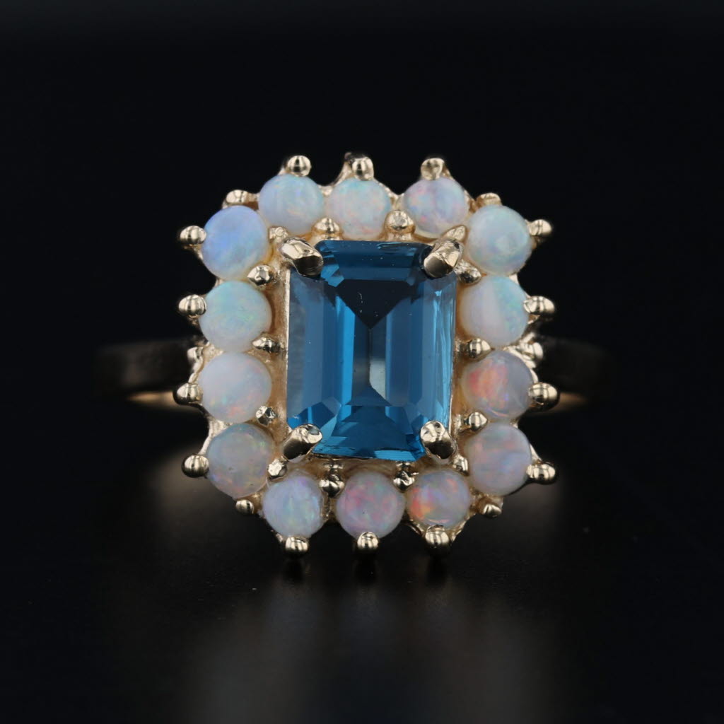 1.70ct Blue Topaz Opal Halo Ring 14k Yellow Gold Size 8