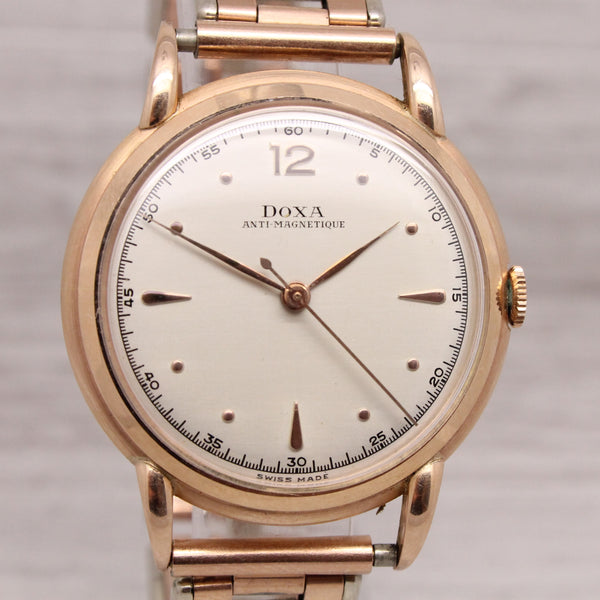 Vintage Doxa 35mm 14k Pink Gold Mens Watch w/ Matching Bracelet ORIGINAL & MINT