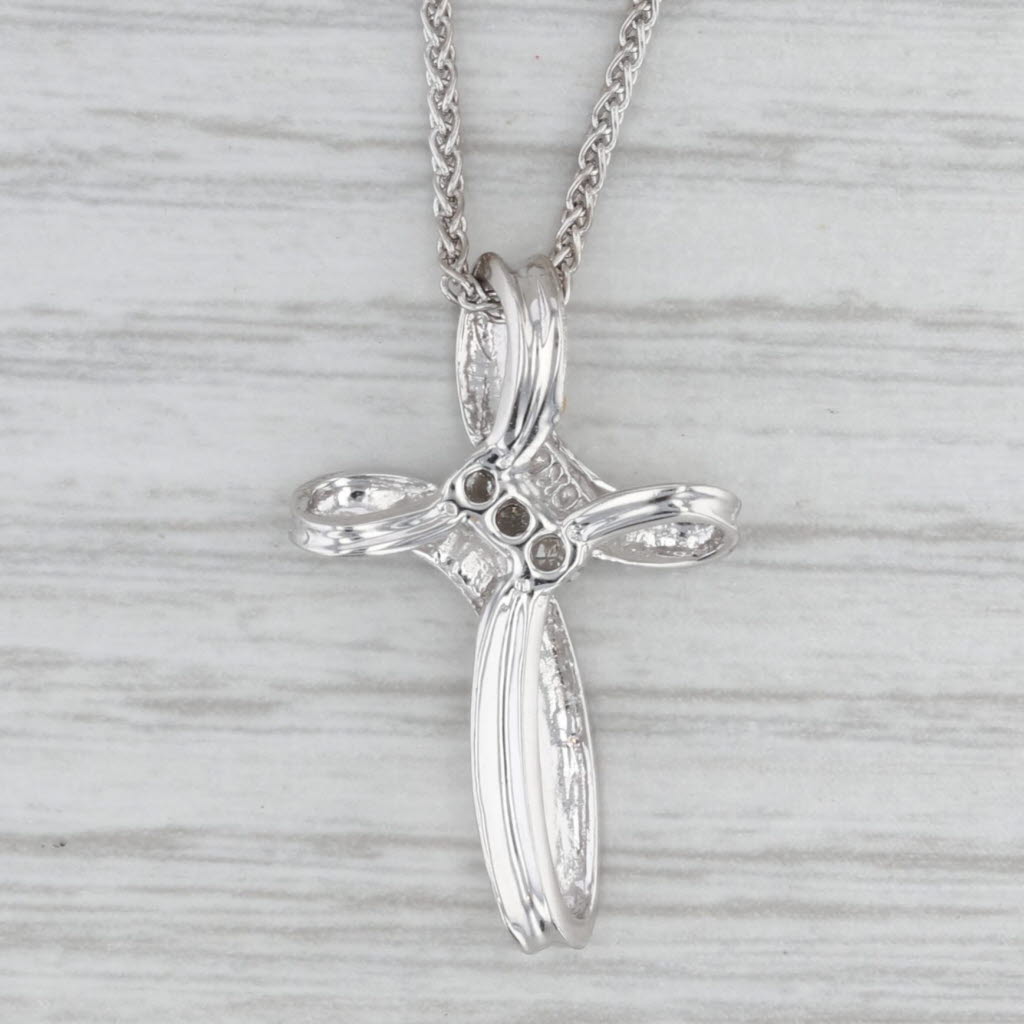 Diamond Cross Pendant Necklace 10k White Gold Wheat Chain 18" 1.2mm