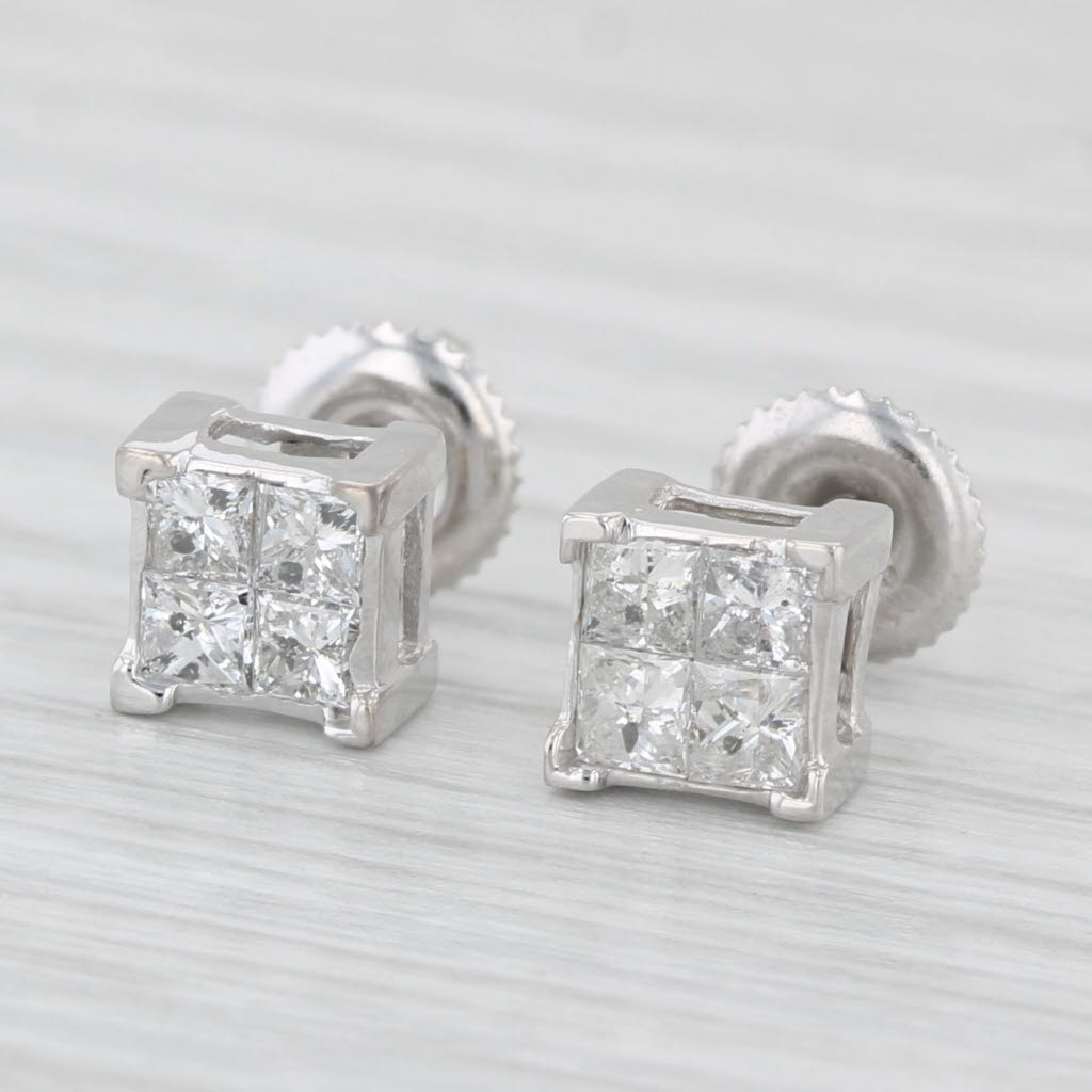 Light Gray 0.70ctw Princess Diamond Stud Earrings 14k White Gold