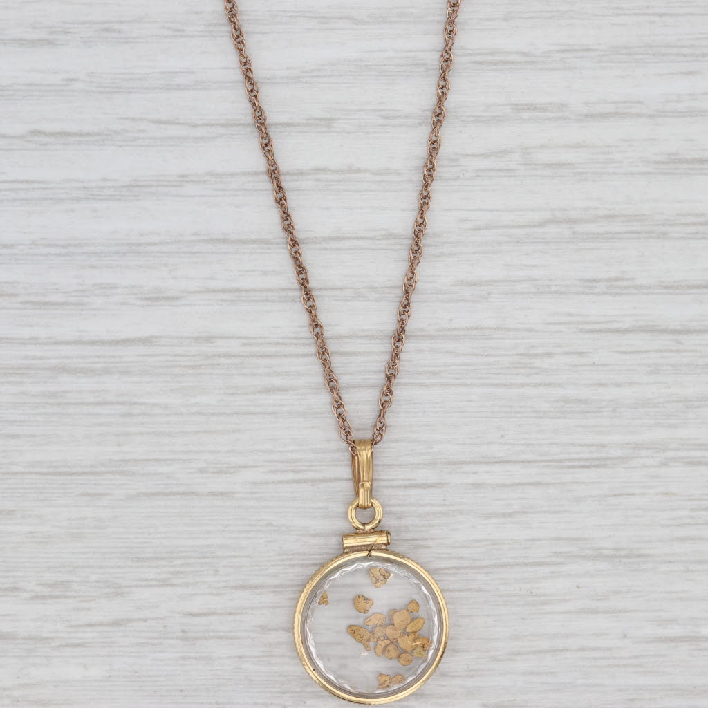 Light Gray Vintage Nuggets in Glass Pendant Necklace Gold Filled 18k 20" Rope Chain