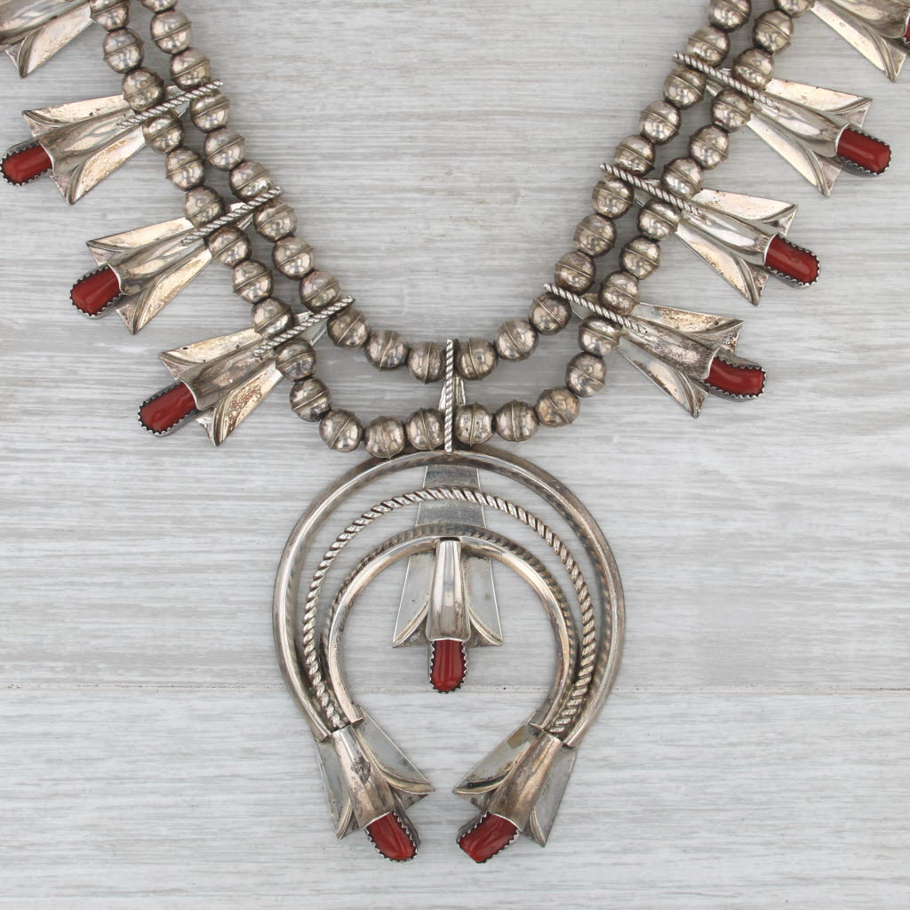Yazzie Native American Squash Blossom Necklace Earrings Set Sterling Silver