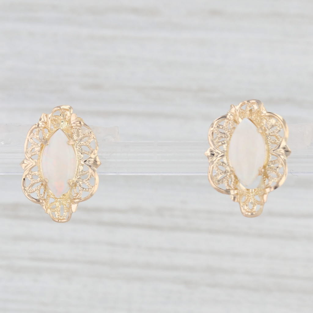 Light Gray Opal Flower Stud Earrings 14k Yellow Gold Marquise Cabochon Solitaires