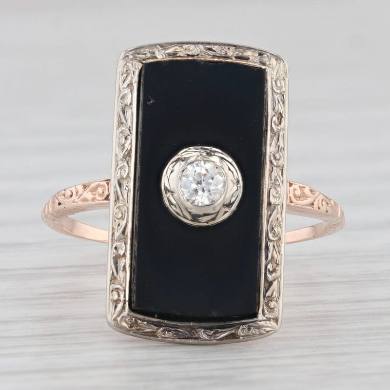 Vintage Onyx Diamond Signet Ring 10k Rose White Gold Size 7 Ornate