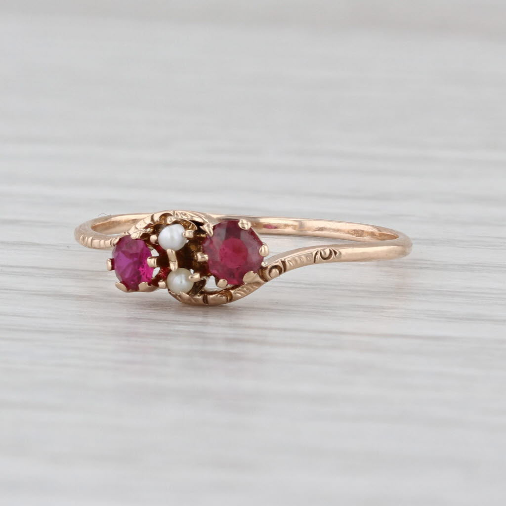Victorian Garnet Lab Created Ruby Seed Pearl 10k Yellow Gold Size 7.5 Antique