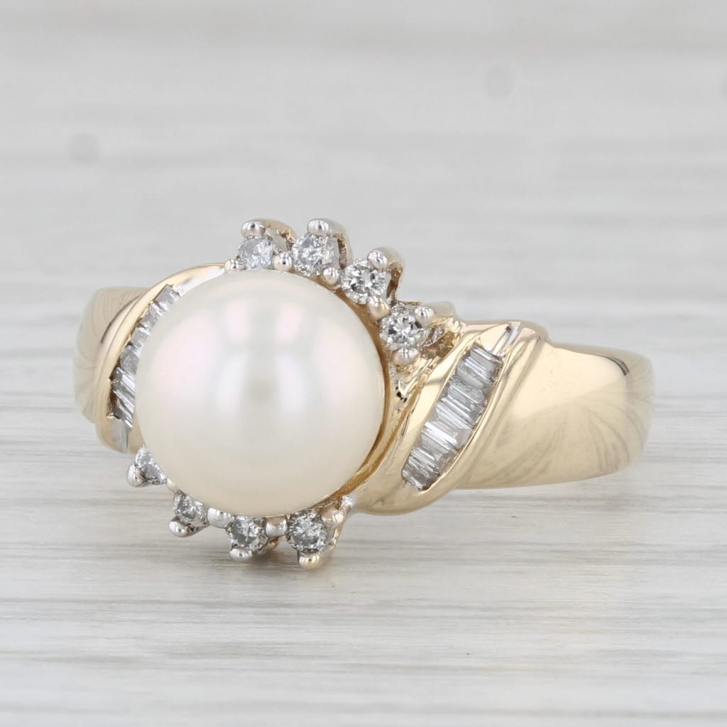 Light Gray Cultured Pearl Diamond Ring 14k Yellow Gold Size 7