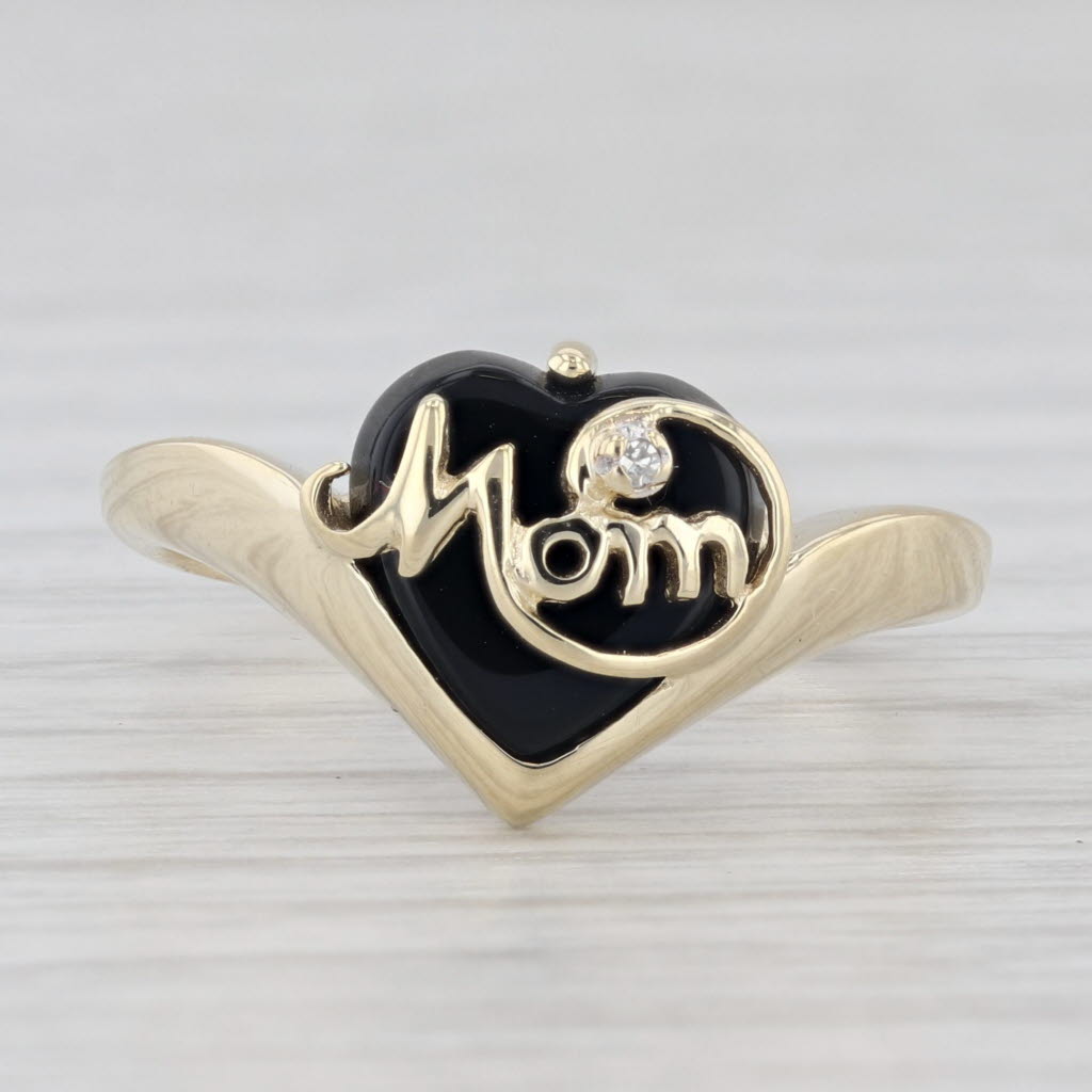 Light Gray Diamond Accented Onyx Mom Heart Ring 10k Yellow Gold Size 6.5