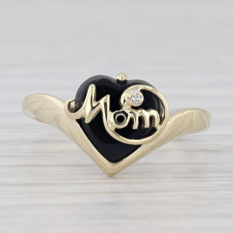 Diamond Accented Onyx Mom Heart Ring 10k Yellow Gold Size 6.5