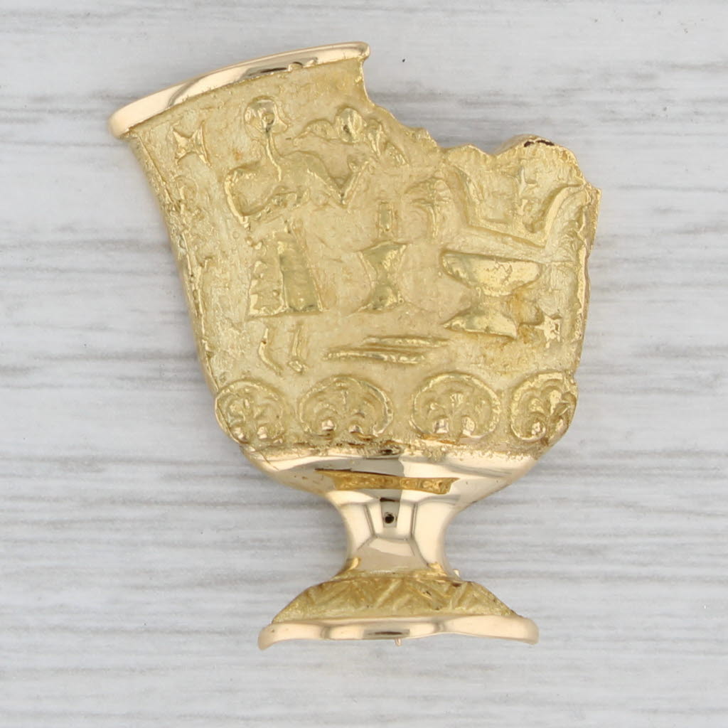 Gray Grecian Urn Goblet Brooch 18k Yellow Gold Figural Vintage Pin Made in Greece