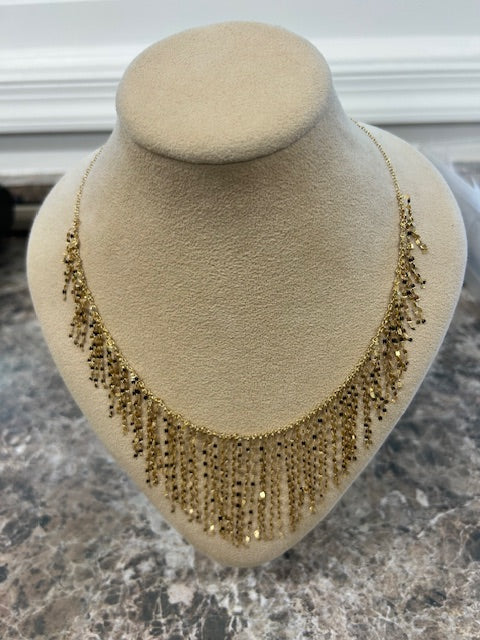 Slate Gray Fringed Bib Necklace 14k Yellow Gold 18" Cable Chain Mirror Chains