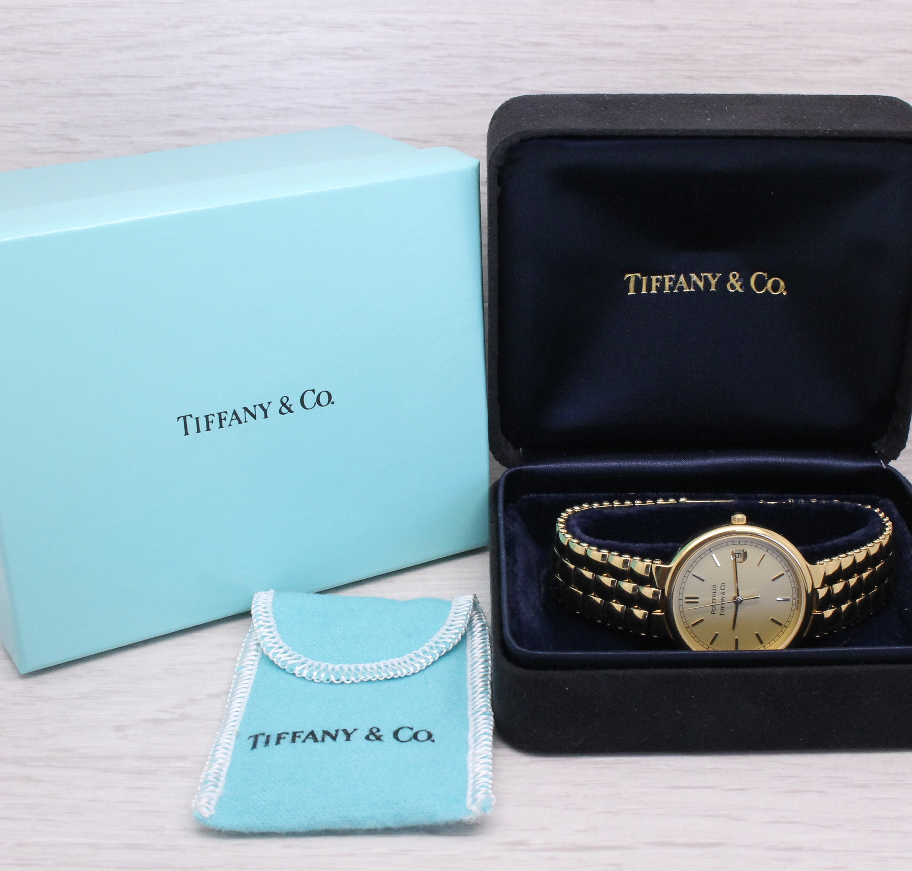 Powder Blue Tiffany & Co Portfolio Midsize 32mm Quartz Bracelet Wrist Watch Box Links Pouch