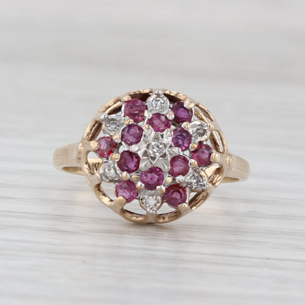 Vintage 0.64ctw Ruby Diamond Cluster Flower Ring 9k Yellow Gold Size 6.5