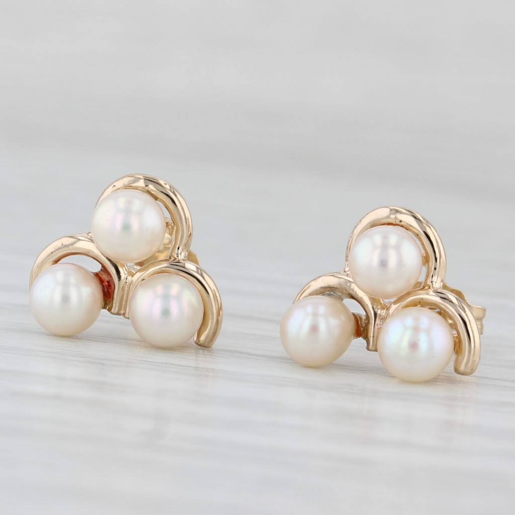 Light Gray Cultured Pearl 3-Bead Stud Earrings 14k Yellow Gold