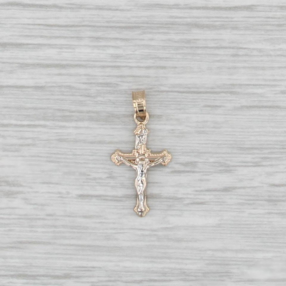 2-Toned Small Crucifix Cross Pendant 14k Yellow White Gold Figural Religious