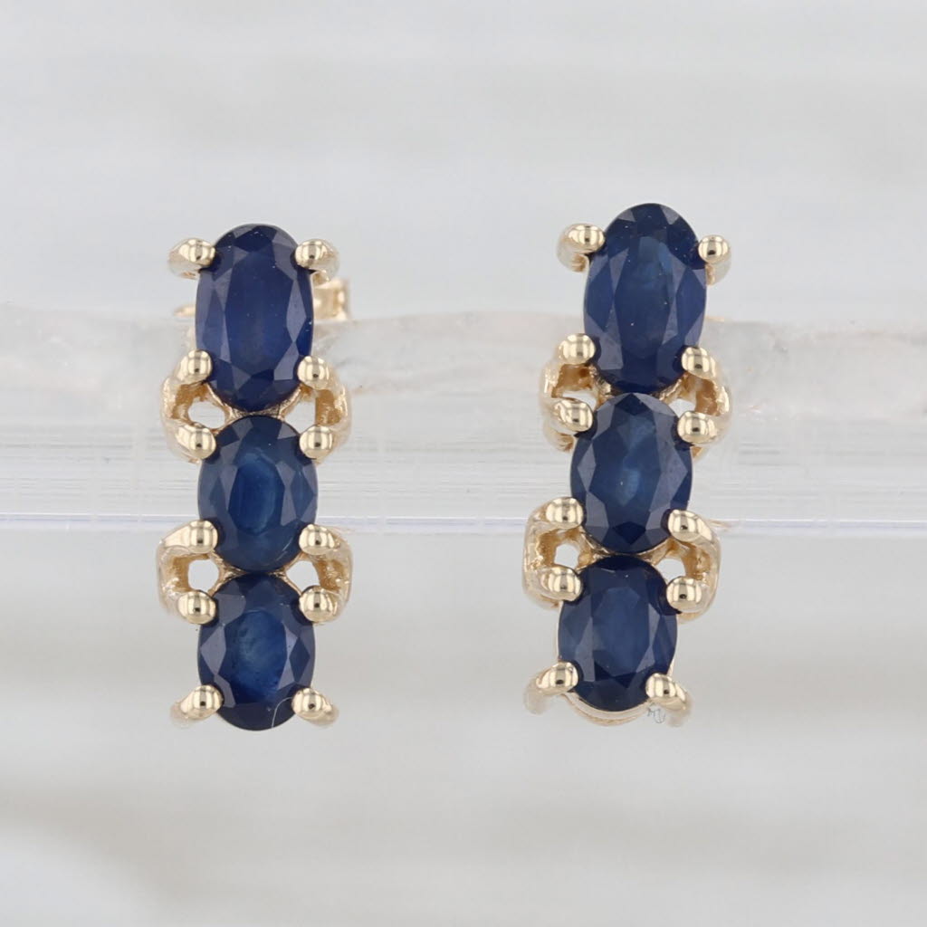 0.76ctw 3-Stone Blue Sapphire Drop Earrings 10k Yellow Gold