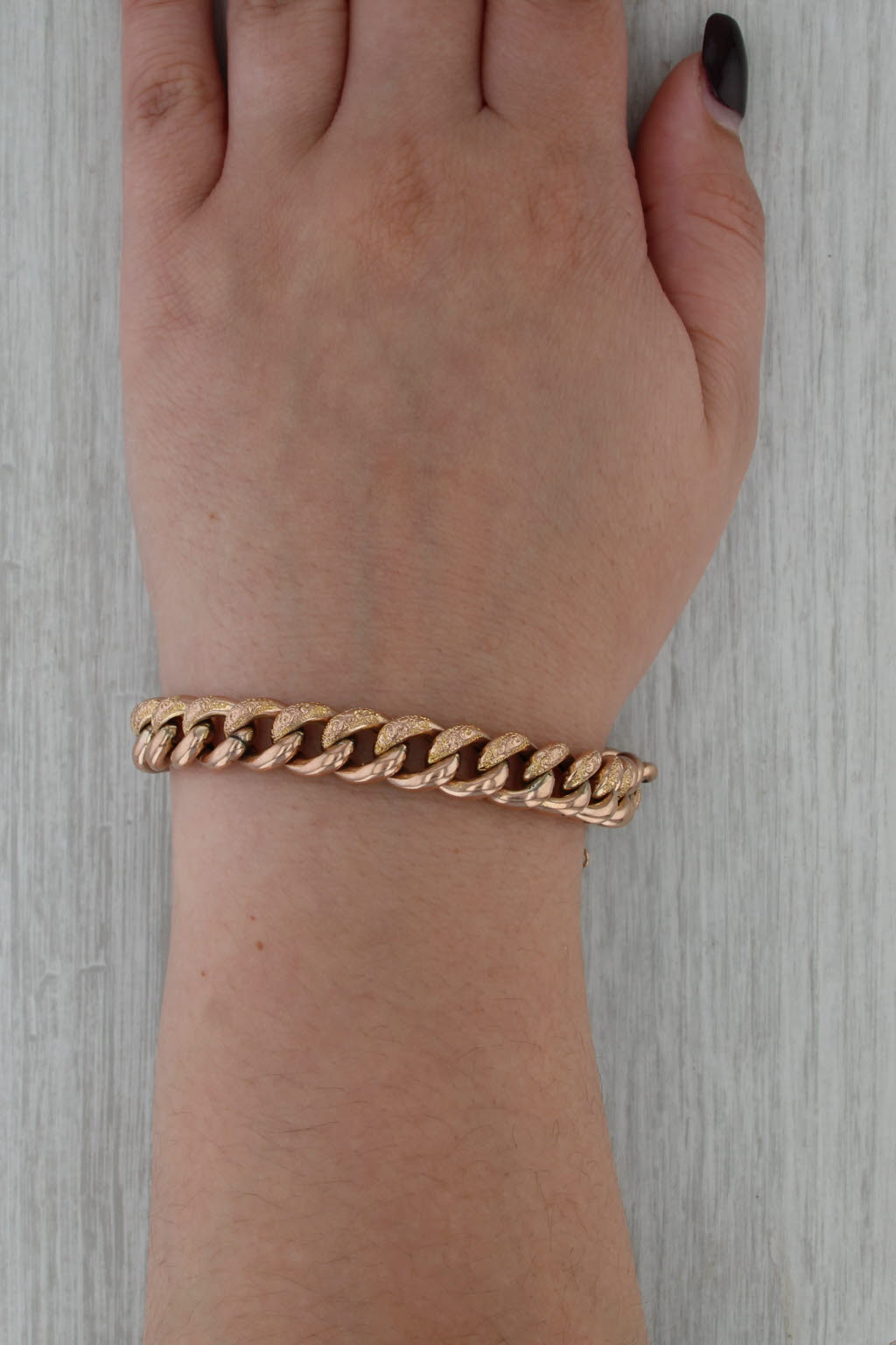 Antique British Heart Lock Charm Bracelet 9k Rose Gold 7.5" Curb Chain