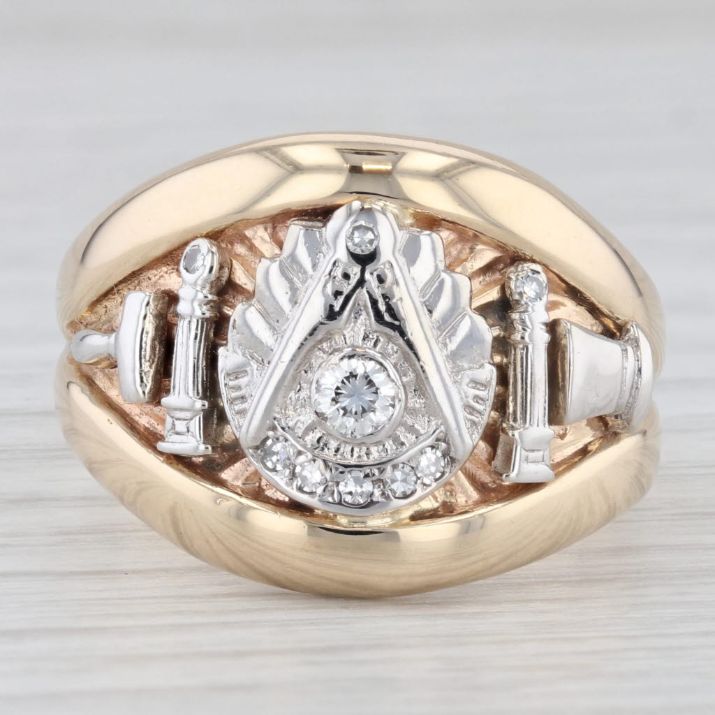 Light Gray Vintage Past Master Ring 14k Gold Diamond Masonic Signet Cigar Band Size 11.5