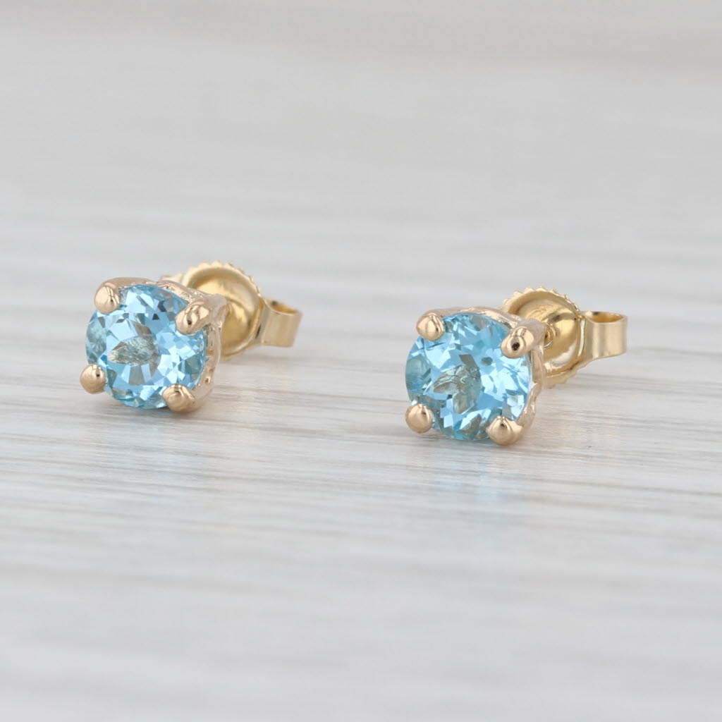 1.20ctw Blue Topaz Round Solitaire Stud Earrings 14k Yellow Gold