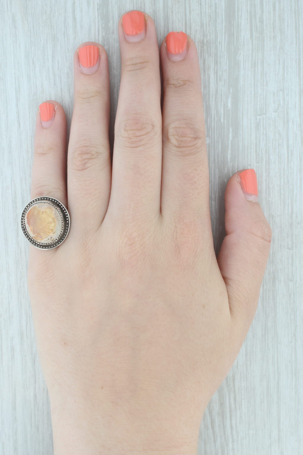 Gray Vintage Native American Fire Opal Cabochon Ring Sterling Silver Size 6.5