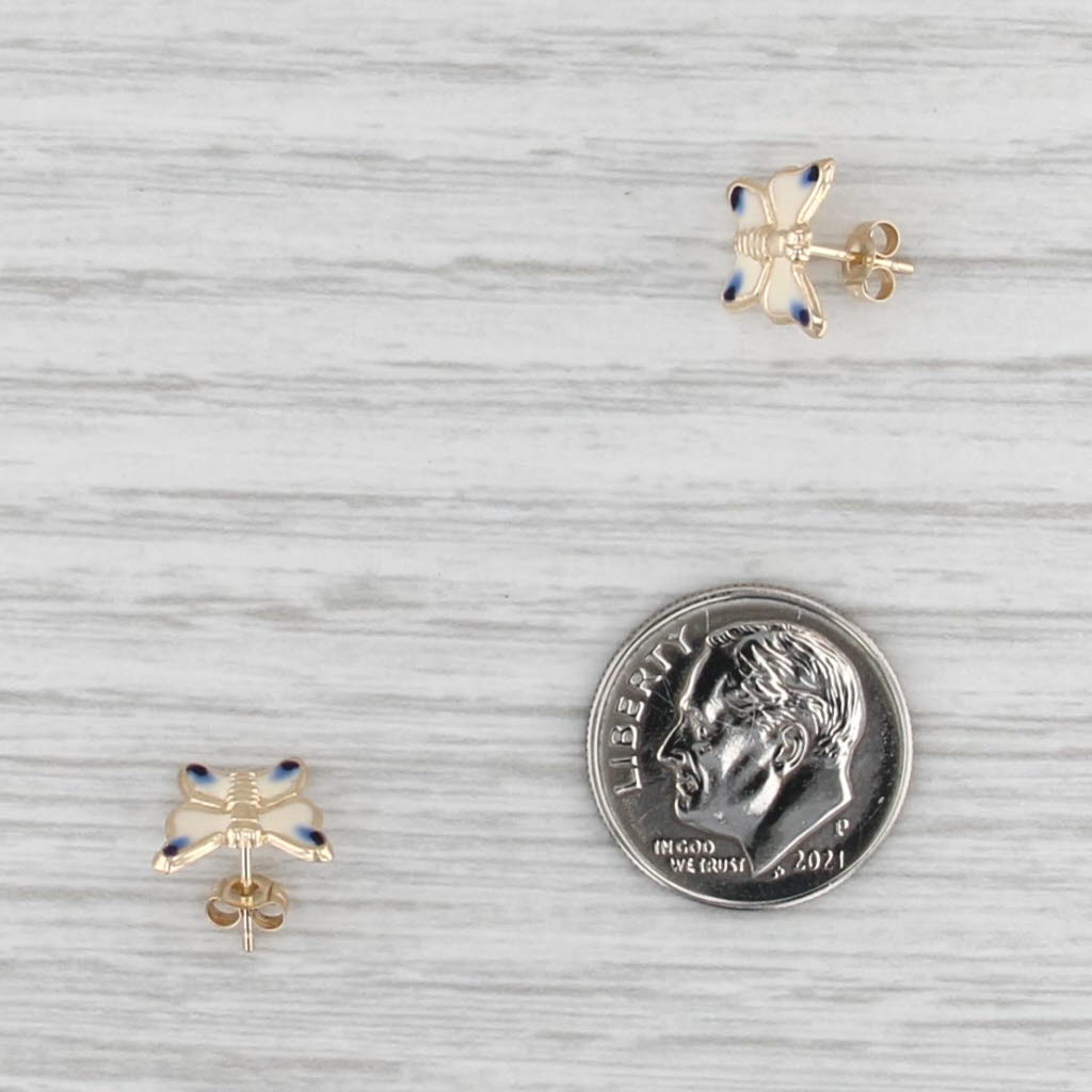 Blue White Enamel Butterfly Stud Earrings 14k Yellow Gold Small Studs