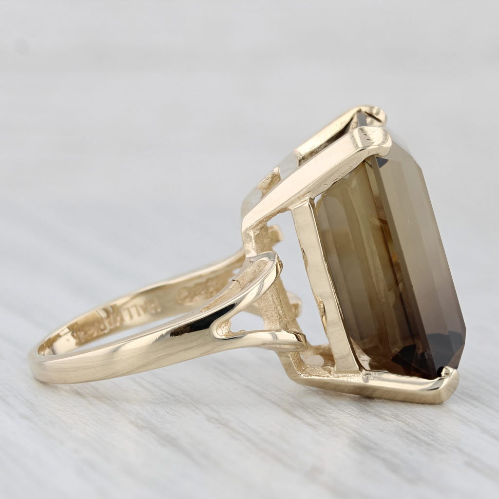 Light Gray 19ct Smoky Quartz Emerald Cut Solitaire Ring 14k Yellow Gold Size 7.5