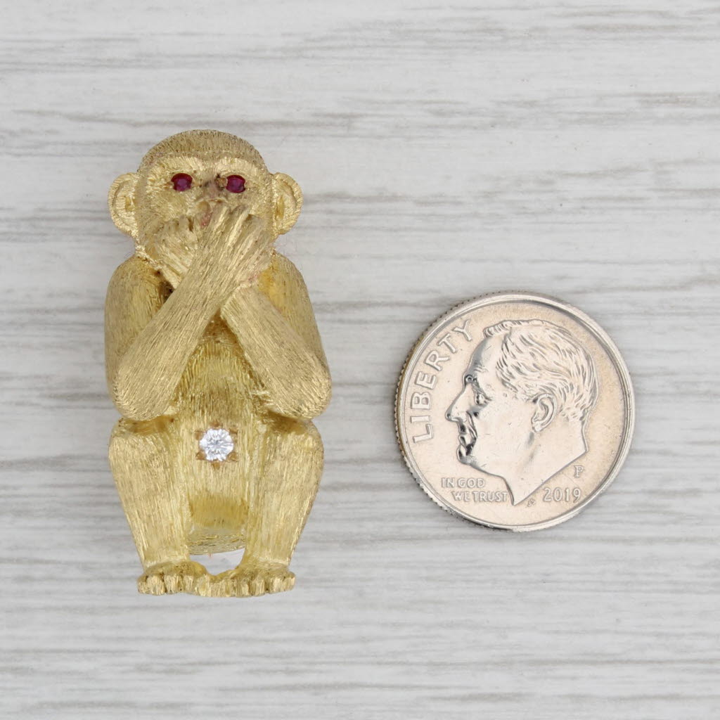 Gray Speak No Evil Monkey Brooch Diamond Ruby 18k Yellow Gold Pin Animal Jewelry