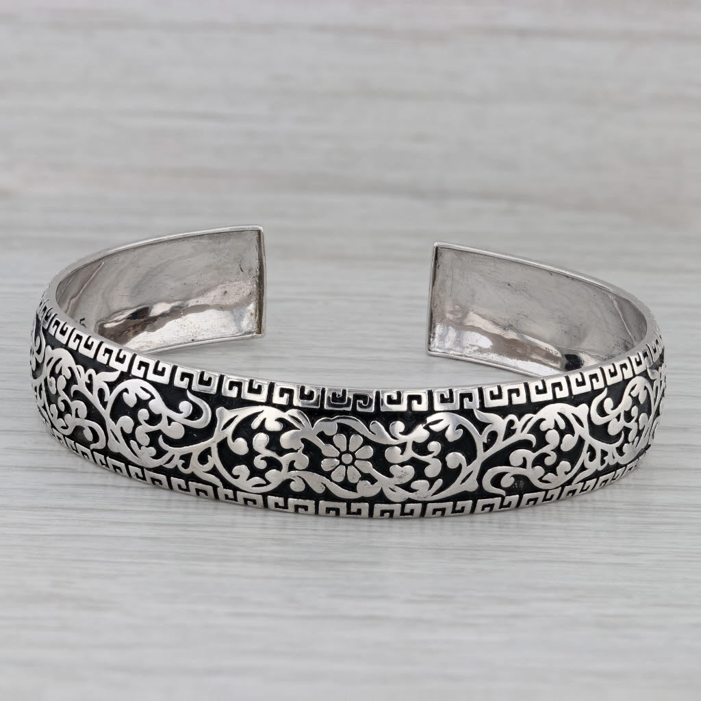 Gray Vintage Ornate Floral Pattern Cuff Bracelet Sterling Silver 7.25" 13.5mm