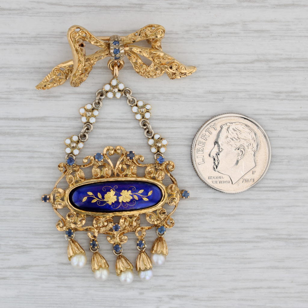 Gray Antique Ornate Flower Brooch 18k Gold Pearls Sapphires Fringed Pin