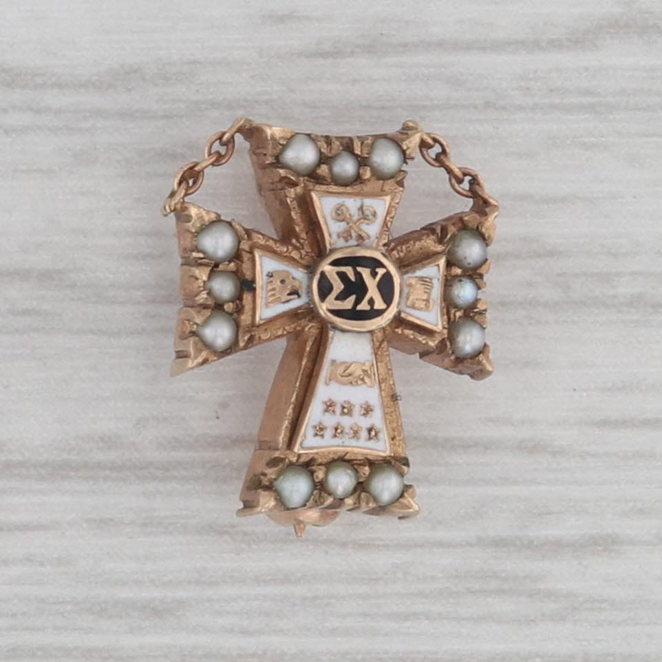 Gray Sigma Chi Cross Mini Sweetheart Badge 10k Gold Pearl Fraternity Pin