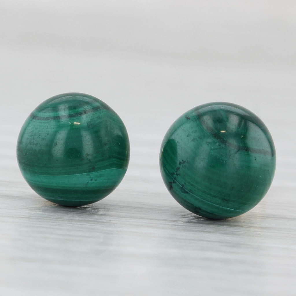 Light Gray Vintage Green Malachite Stud Earrings 14k Yellow Gold Round Bead Studs