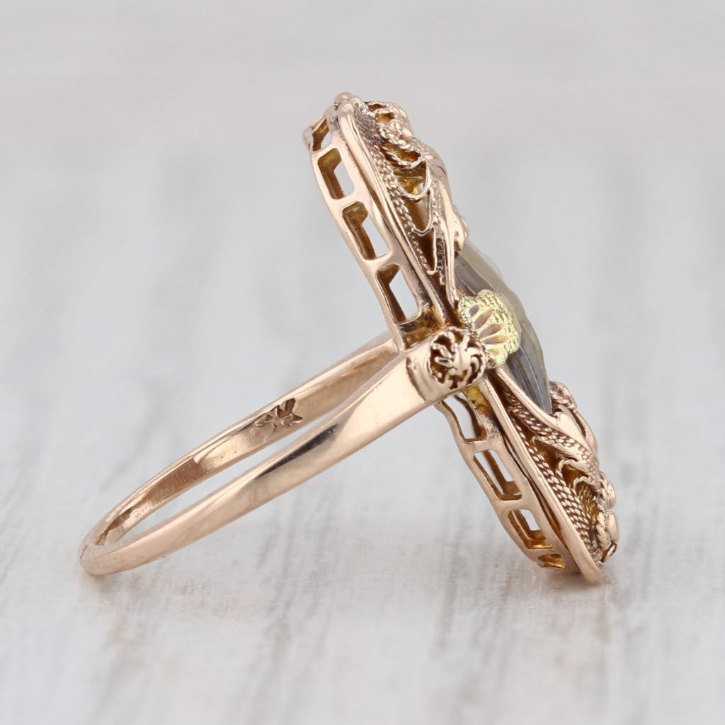 Antique Mother of Pearl Abalone Ring 9k Gold Ornate Filigree Size 4