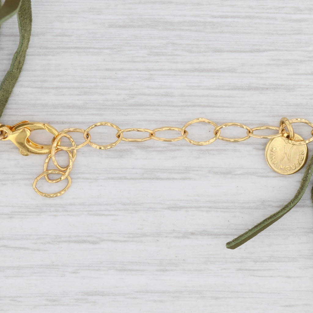 New Nina Wynn Cordelia Necklace Woven Green Leather White Druzy Quartz