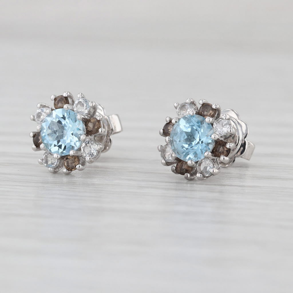 1.54ctw Blue White Topaz Halo Stud Earrings 14k White Gold Studs
