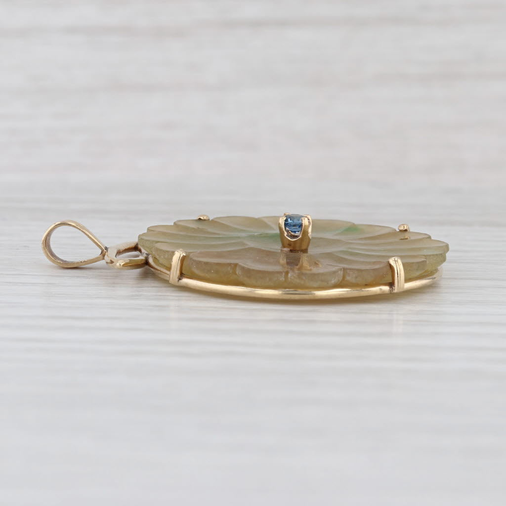 Green Jadeite Jade Blue Sapphire Flower Statement Pendant 14k Yellow Gold