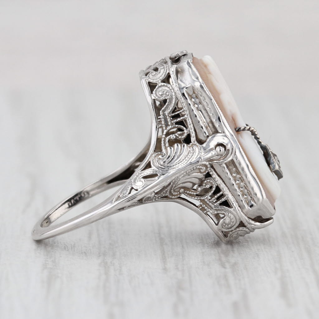 Vintage Carved Shell Cameo Diamond Onyx Signet Flip Ring 14k White Gold Size 5.5