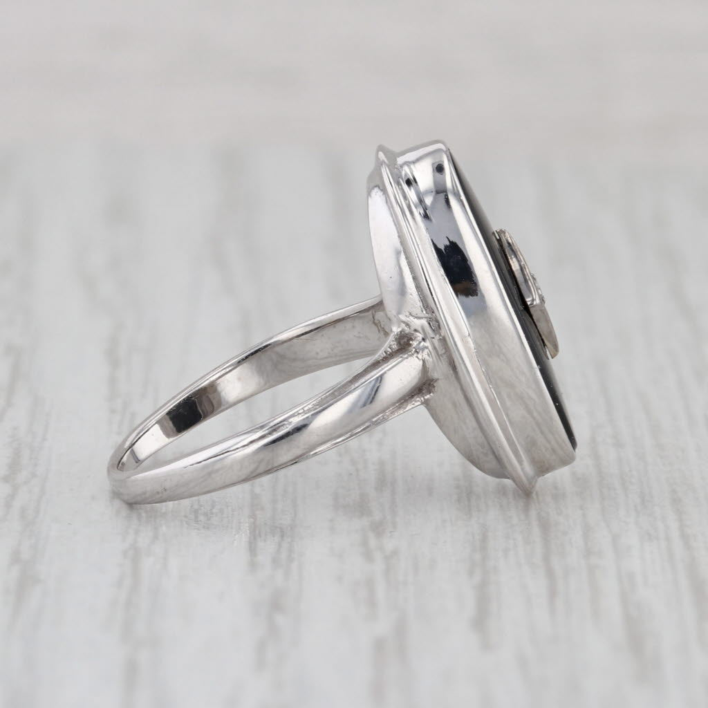 Vintage Onyx Diamond Signet Ring 10k White Gold Size 7.5