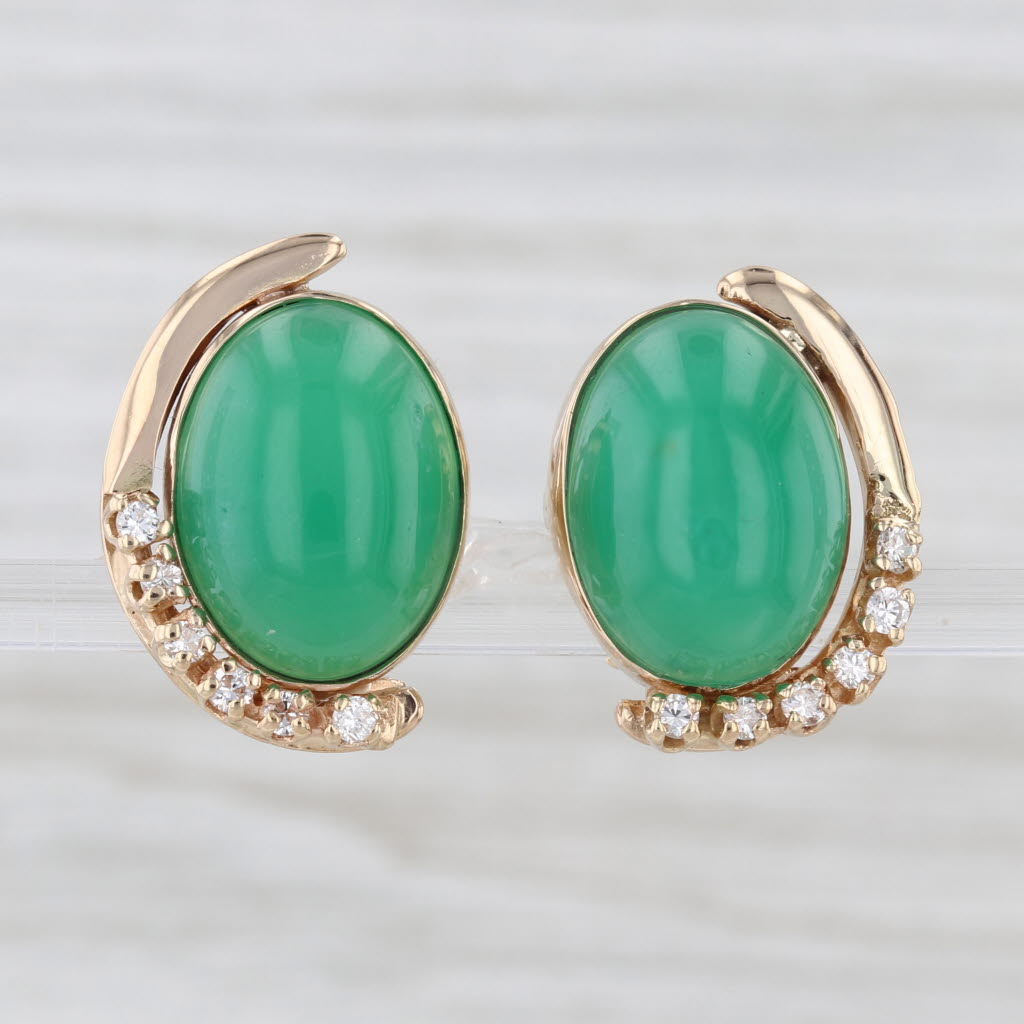 Diamond Green Chrysoprase Oval Cabohcon Earrings 14k Yellow Gold Omega Backs