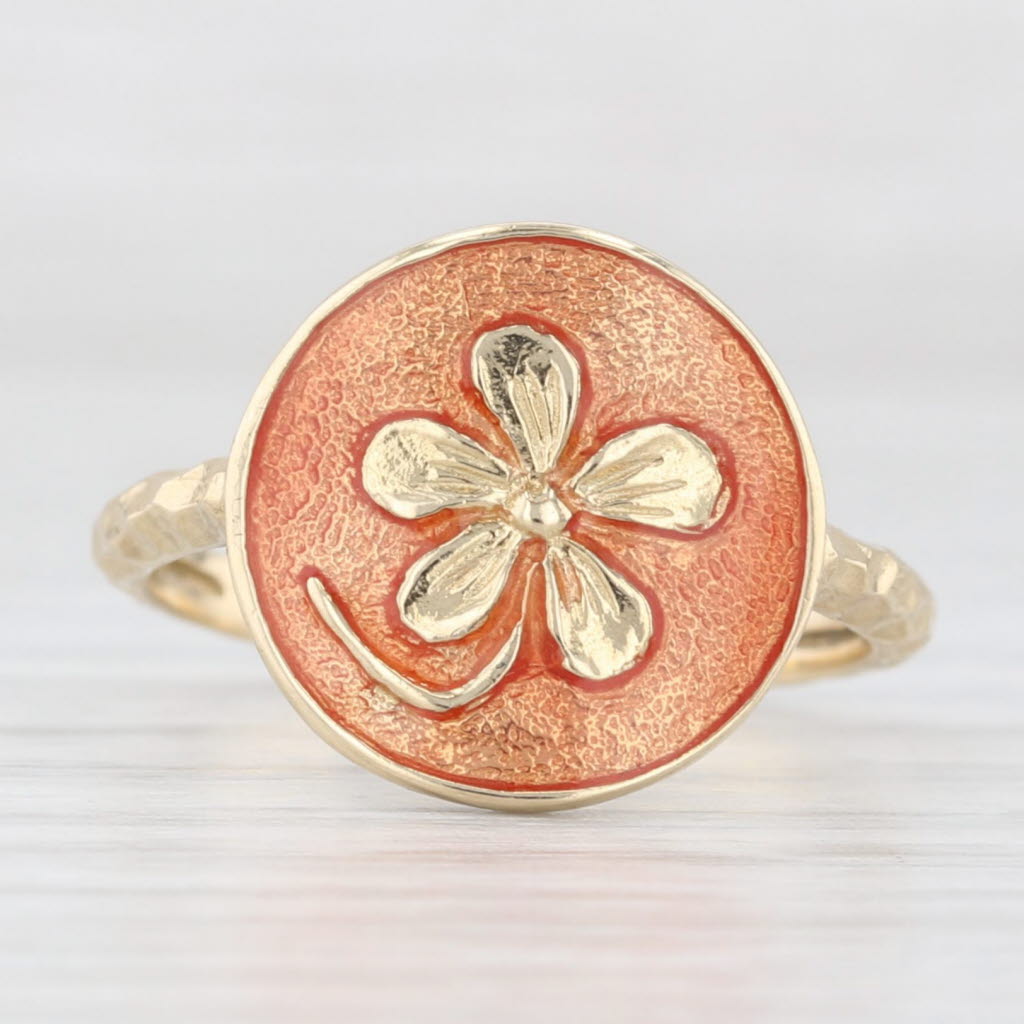 Orange Enamel Flower Signet Ring 14k Yellow Gold Size 7.5