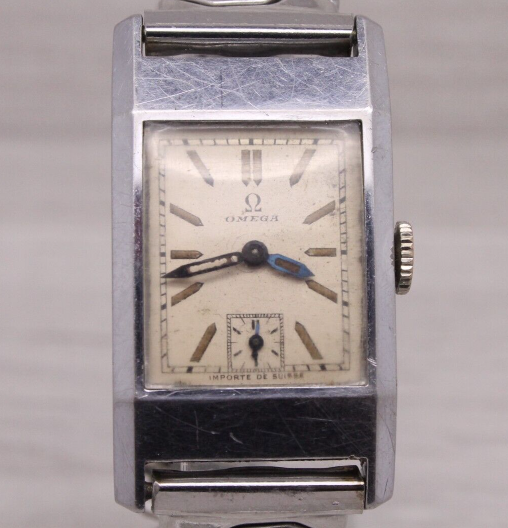 Dark Gray VINTAGE c.1930 Omega Steel Tank Watch cal.20F ORIGINAL Dial Fab Importe Suisse