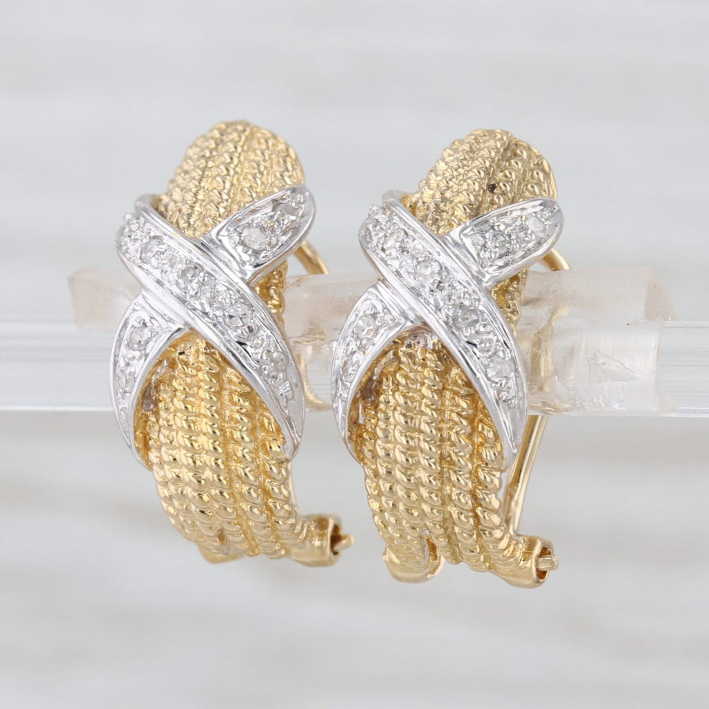 Diamond Crossover Drop Earrings 18k Yellow White Gold Pierced Omega Backs